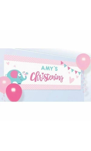 Baby Christening Day Pink Personalised Banner 120cm x 45cm