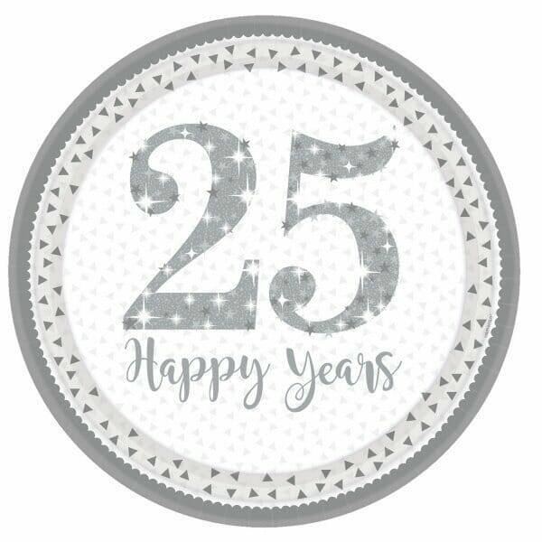 Silver 25th Anniversary Paper Plates 22.9cm - 8pk
