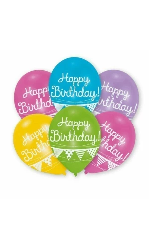 Happy Birthday Assorted Bunting Printed Latex Balloons 11" - 6pk
