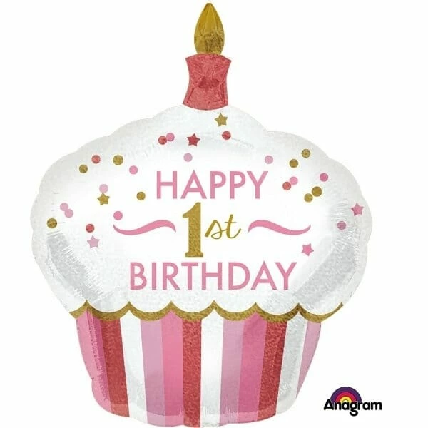 1st Birthday Girl Cupcake SuperShape Foil Balloon - 29'' x 36'' (73cm x 91cm)