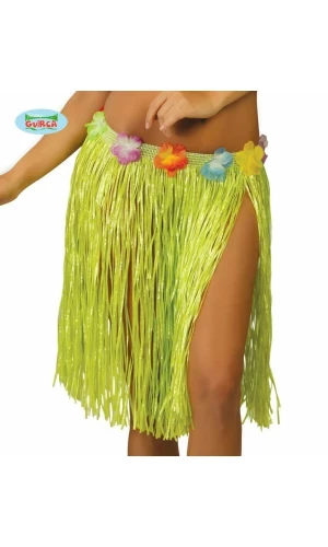 Hawaiian Green Hula Skirt With Flowers 45cm Long - Adult One Size