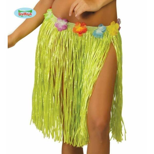Hawaiian Green Hula Skirt With Flowers 45cm Long - Adult One Size
