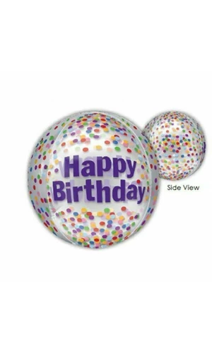Happy Birthday Funfetti Clear Orbz Foil Balloon 38cm x 40cm