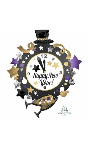 Happy New Year Clock SuperShape Foil Balloon - 76cm x 88cm