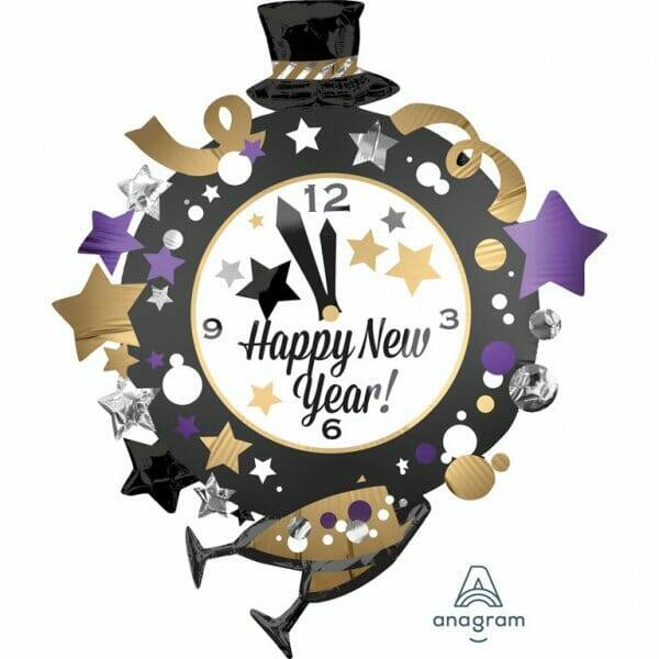 Happy New Year Clock SuperShape Foil Balloon - 76cm x 88cm