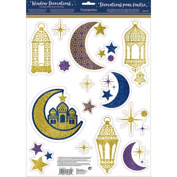 Eid Glitter Window Decorations - 15pk