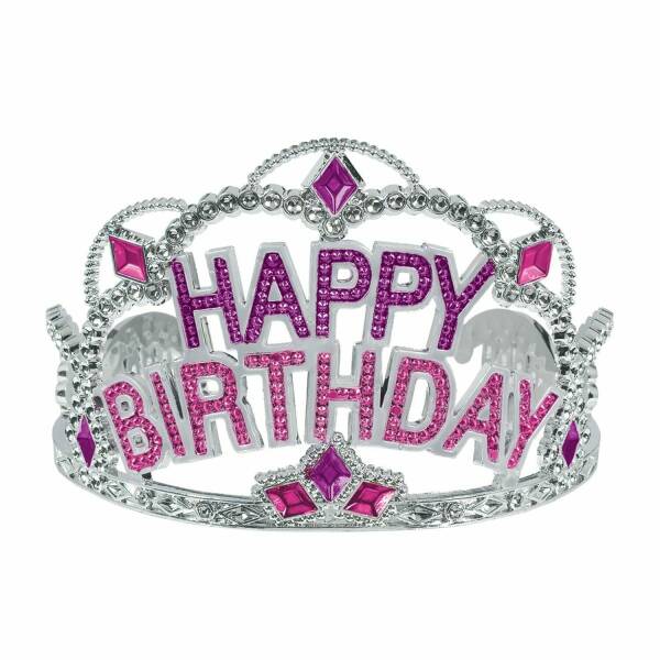 Deluxe Pink, Purple & Silver Happy Birthday Tiara - 8.9cm