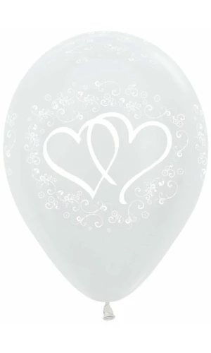 Satin Pearl White Printed Entwinted Hearts - 12" Latex Balloon