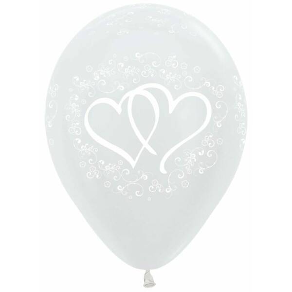 Satin Pearl White Printed Entwinted Hearts - 12" Latex Balloon