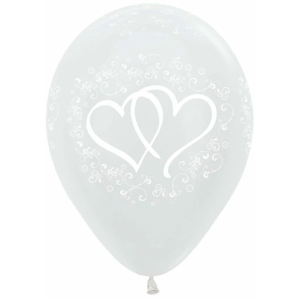 Satin Pearl White Printed Entwinted Hearts - 12" Latex Balloon