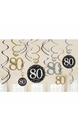 80th Silver & Gold Sparkling Celebration Hanging Swirl Decorations - 12pk