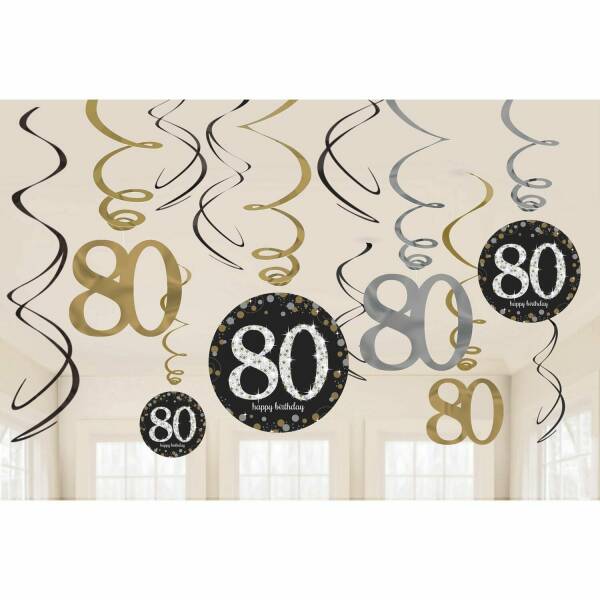 80th Silver & Gold Sparkling Celebration Hanging Swirl Decorations - 12pk