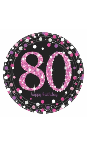 80th Pink Sparkling Celebration Paper Plates 22.9cm – 8pk