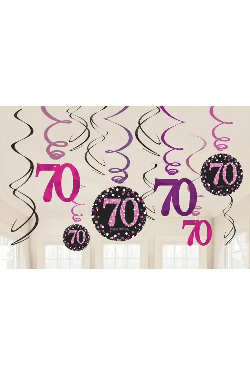 70th Pink Sparkling Celebration Hanging Swirl Decorations - 12pk