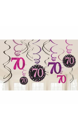 70th Pink Sparkling Celebration Hanging Swirl Decorations - 12pk