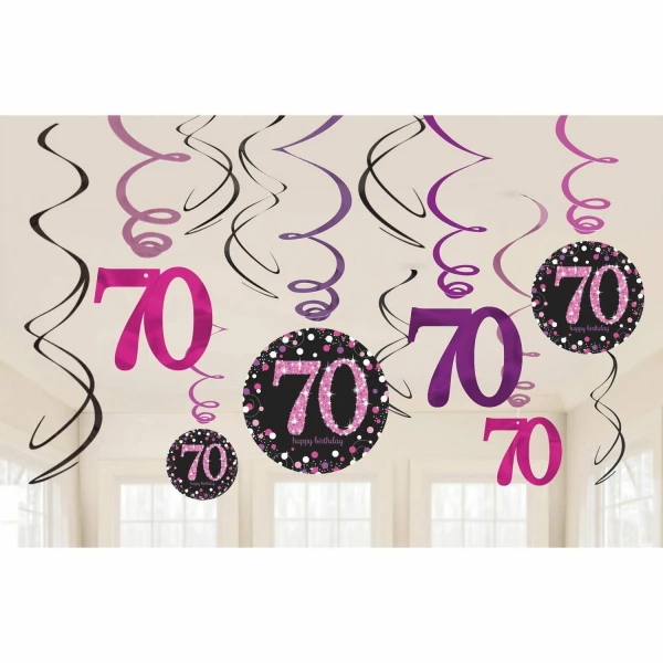 70th Pink Sparkling Celebration Hanging Swirl Decorations - 12pk