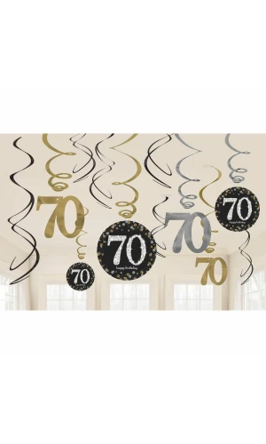 70th Gold Sparkling Celebration Hanging Swirl Decorations - 12pk