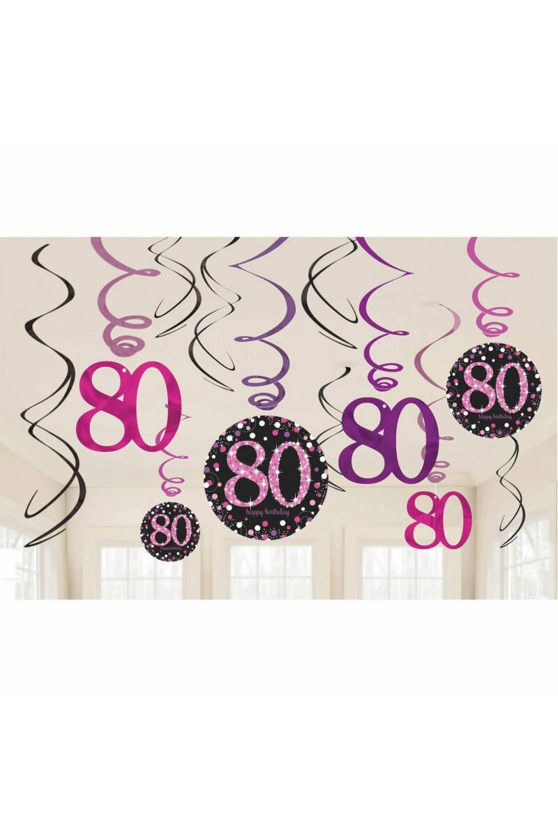 80th Pink Sparkling Celebration Hanging Swirl Decorations - 12pk