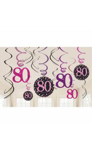 80th Pink Sparkling Celebration Hanging Swirl Decorations - 12pk