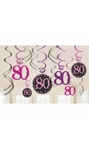 80th Pink Sparkling Celebration Hanging Swirl Decorations - 12pk