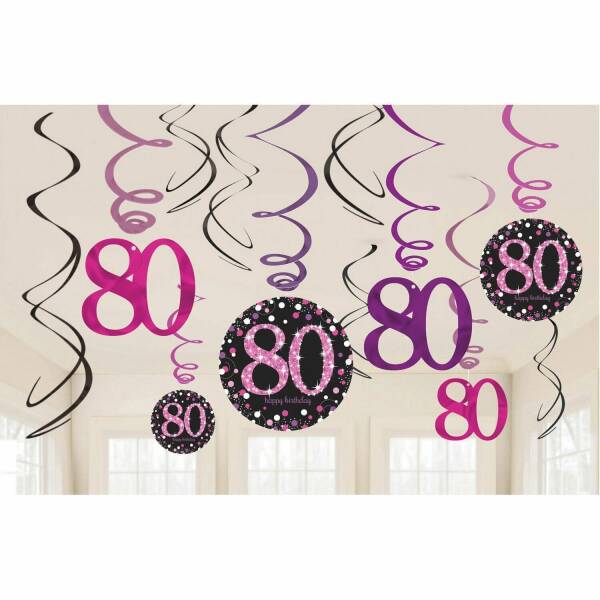 80th Pink Sparkling Celebration Hanging Swirl Decorations - 12pk