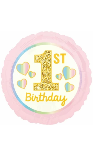 1st Birthday Pink & Gold Foil Balloon - 43cm