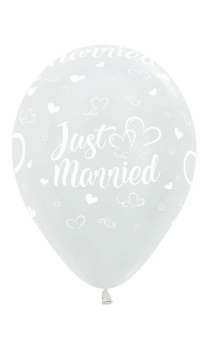 Satin Pearl White Just Married Hearts - 12" Latex Balloon