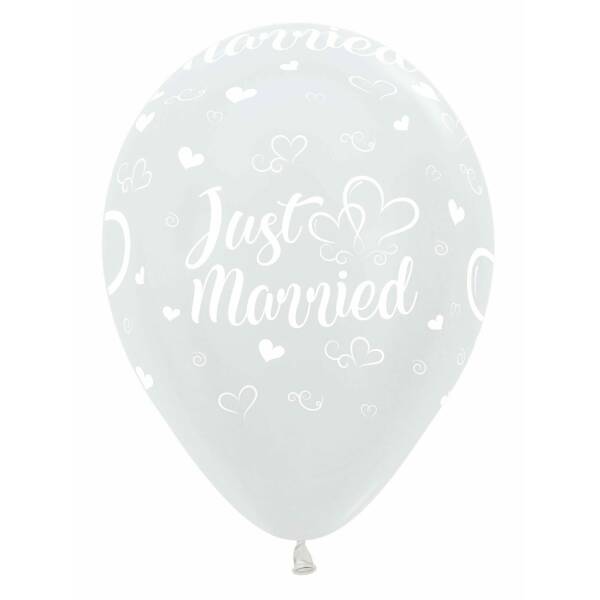 Satin Pearl White Just Married Hearts - 12" Latex Balloon