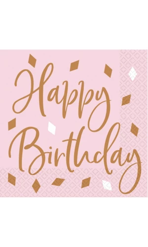 Rose Gold Happy Birthday Napkins 33 x 33cm - 16pk