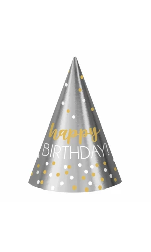 Birthday Cone Hats Silver & Gold - 12pk