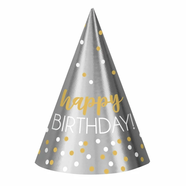 Birthday Cone Hats Silver & Gold - 12pk