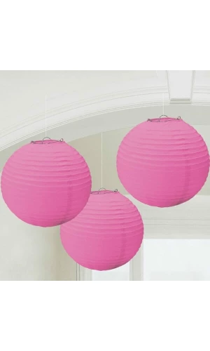 Bright Pink Paper Lantern Decorations 24.1cm - 3pk