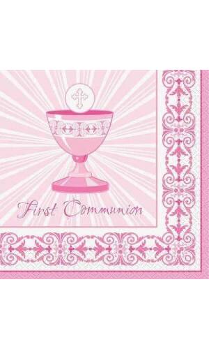 Radiant Cross Pink First Communion Napkins 33cm x 33cm - 16pk