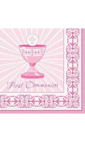 Radiant Cross Pink First Communion Napkins 33cm x 33cm - 16pk