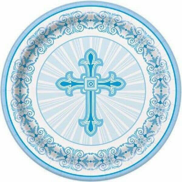 Radiant Cross Blue Large Paper Plates 21.9cm - 8pk