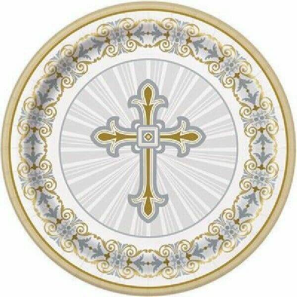 Radiant Cross Silver & Gold Paper Plates 21.9cm - 8pk