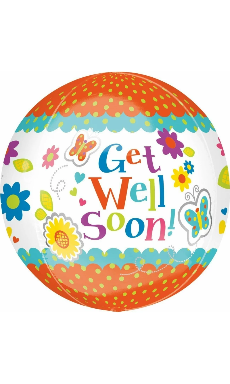 Get Well Soon Flowers Butterflies Orbz Round Foil Balloon 15" x 16 " (38cm x 40cm)