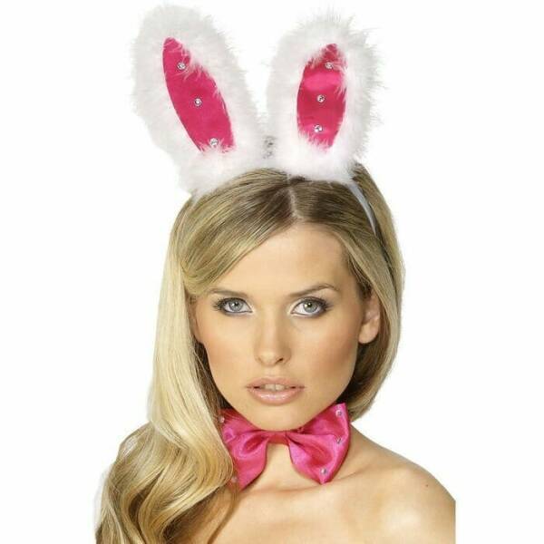 Bunny Set Fluffy Pink & White With Diamante - Bendy Ears, Bowtie & Tail