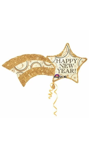 Happy New Year Shooting Gold Star Super Shape Foil Balloon - 55cm x 68cm