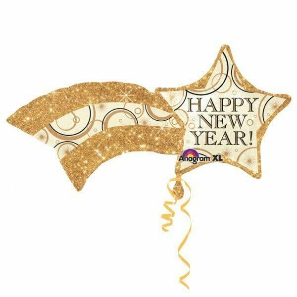 Happy New Year Shooting Gold Star Super Shape Foil Balloon - 55cm x 68cm