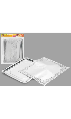 S/1 RECTANGULAR TRAY WITH SILVER DOILY 31 X 38 CM