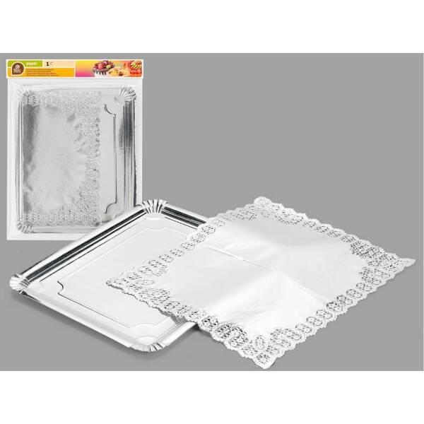 S/1 RECTANGULAR TRAY WITH SILVER DOILY 31 X 38 CM