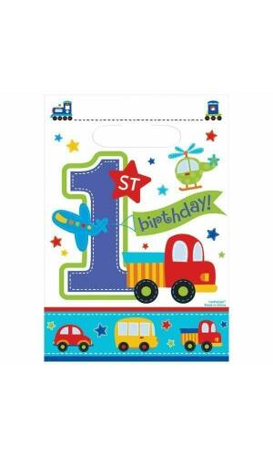 All Aboard 1st Birthday Boy Plastic Party Bags - 8pk