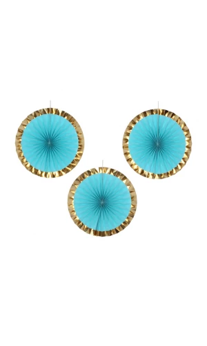 Blue & Gold Hanging Decoration Paper Fan 40cm - 3pk