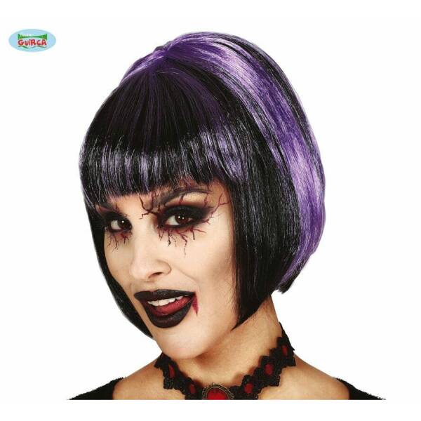 Black & Purple Half Lenght Wig With White Streaks - Adult One Size