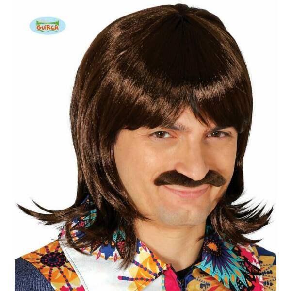 Brown 70's Wig With Moustache - Adult One Size