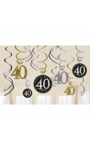 40th Gold Sparkling Celebration Hanging Swirl Decorations - 12pk