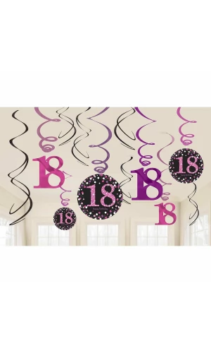 18th Pink Sparkling Celebration Hanging Swirl Decorations - 12pk