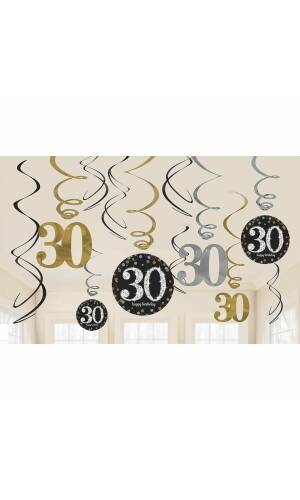30th Gold Sparkling Celebration Celebration Hanging Swirl Decorations - 12pk