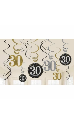 30th Gold Sparkling Celebration Celebration Hanging Swirl Decorations - 12pk